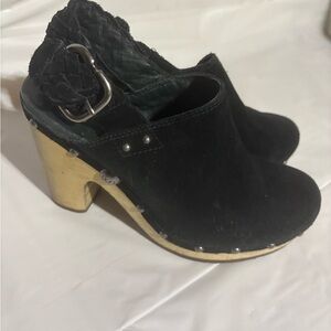 UGG Black Suede Mules with Wooden Heel